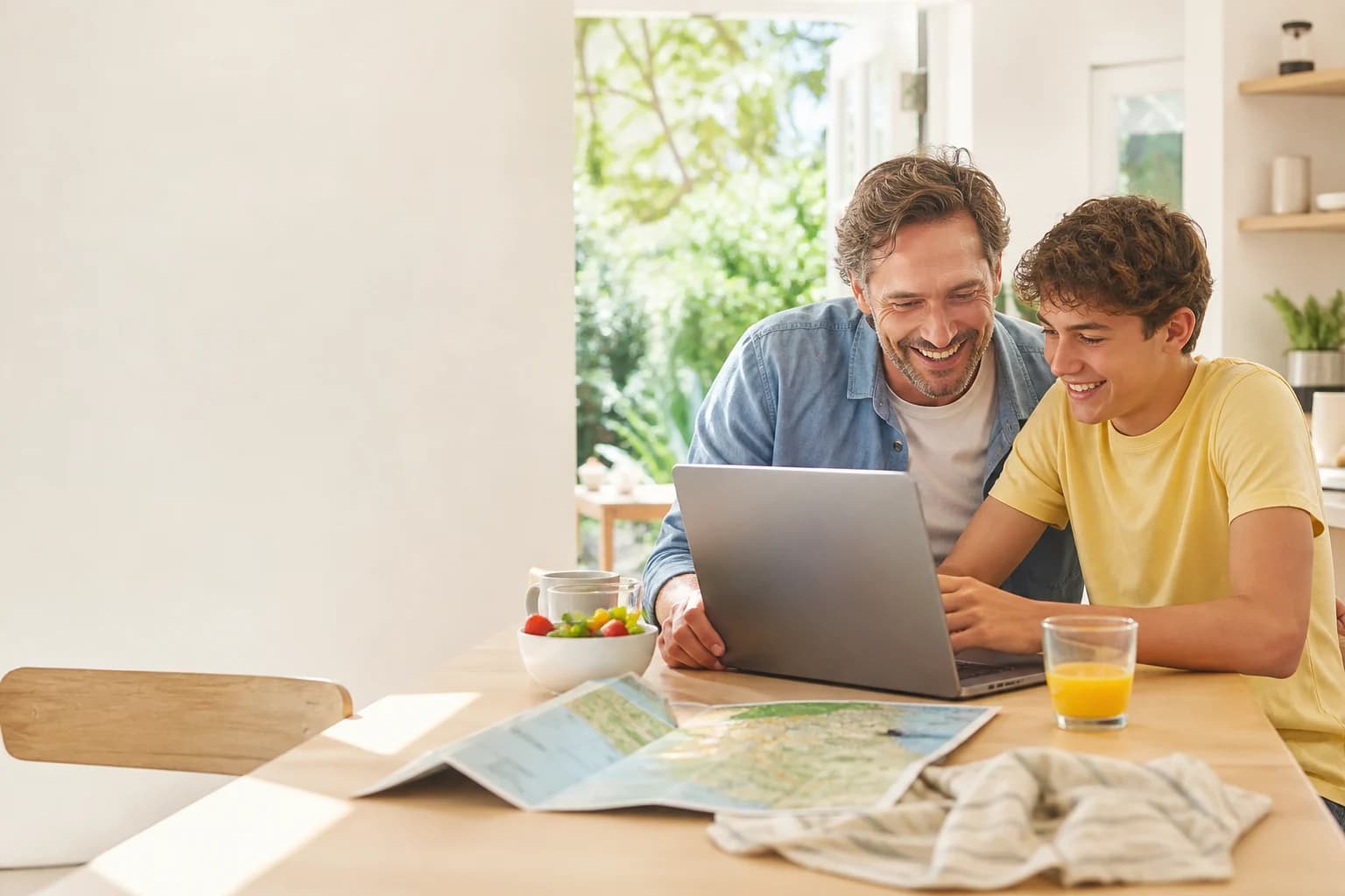 A parent and teenage son smiling as they plan together at a bright breakfast table