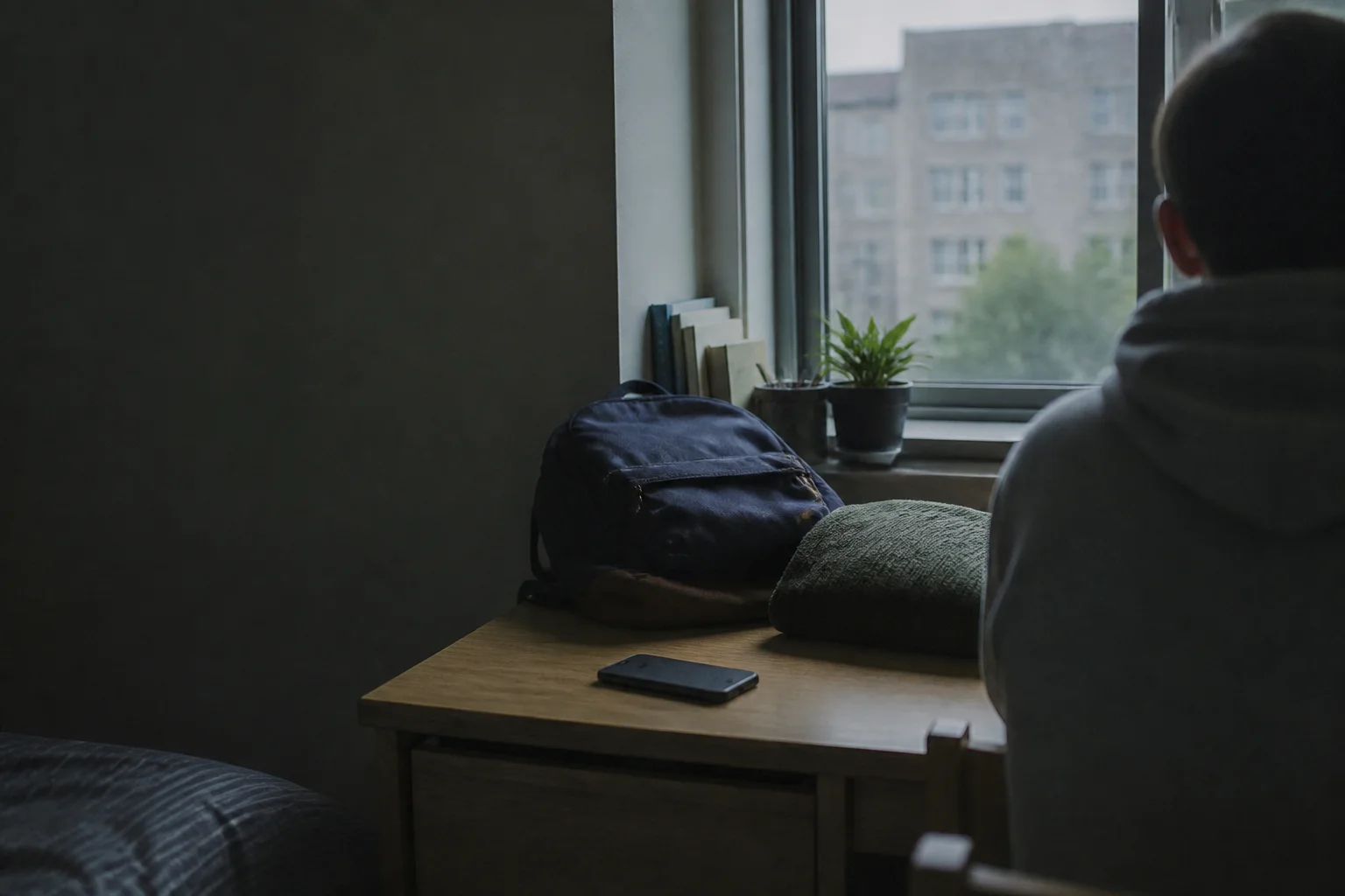 A quiet college dorm room at the beginning of the day